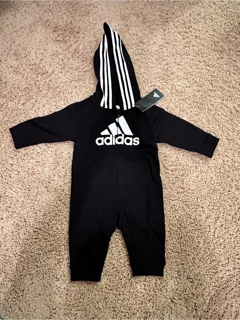 adidas Black Baby Hooded One-Piece with White Logo and Stripes